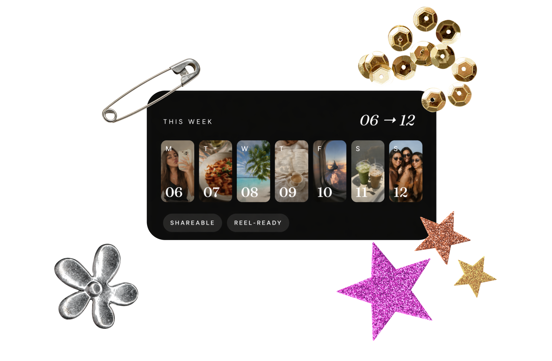 Dayframe weekly recap — a shareable, reel-ready photo dump card