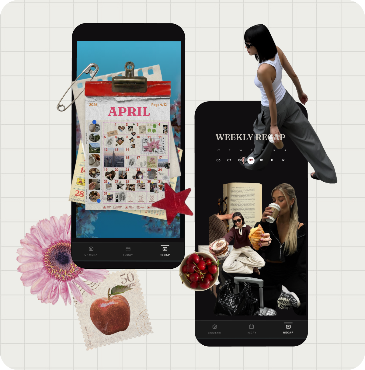Dayframe App — 四月月曆頁與每週回顧畫面